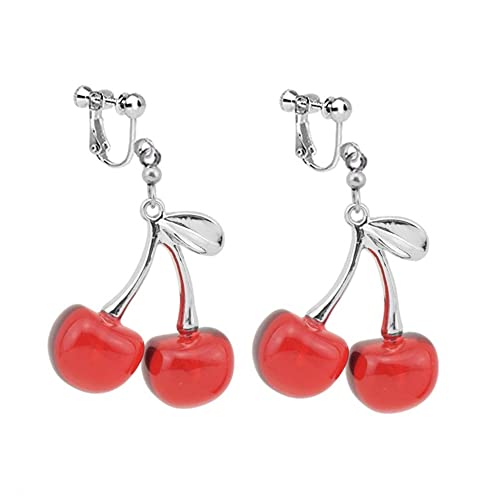 Cherry Fruit Statement Drop Dangle Clip On Earrings for Women Girls Stainless Steel Hypoallergenic No Piercing Ear Cuff Wrap Creative Red Acrylic Lightweight Charms Dangling Jewelry Gifts