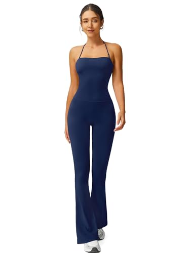 TimeOFF Womens Flare Leg Yoga Pants Jumpsuit High Waisted Bootcut Workout Leggings with Halter Top (Blue M)