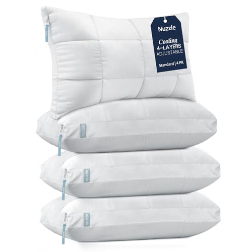 Image of Nuzzle Pillows Standard Size Set of 4 Cooling Adjustable Pillows for Side Sleepers, Luxury Hotel Collection Bed Pillows - Best Adjust Height Soft Firm Pillows for Back, Stomach and Side Sleepers