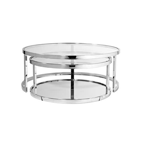 Uptown Club Wren Ultra Modern Round Glass Top Nesting Coffee Table Set, 35.43" Silver