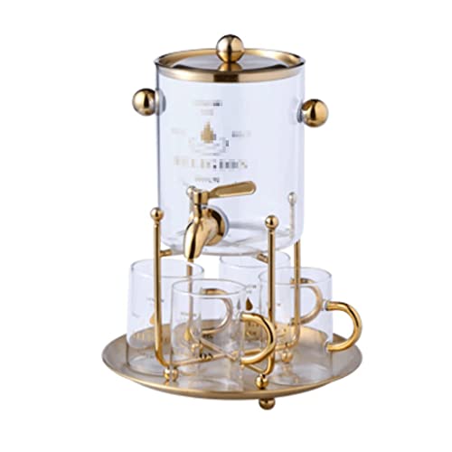 LUKERY Dispensador de Bebidas Dispensador de Bebidas con Grifo y Soporte de Metal Dispensador de Bebidas de Vidrio Transparente con 4 Tazas Dispensador de Agua para Hacer jugos Uso Diario portátil Cover
