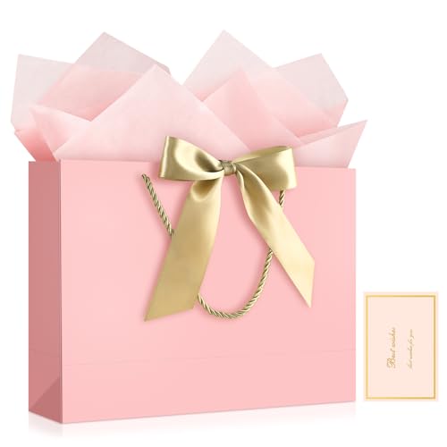 Image of JMANNI Pink Gift Bags with Handles, 13 inch Medium Gift Bag for Presents, 1 Pcs Bags with 2 Tissue Paper and 1 Cards for Graduation Baby Shower Wedding Bridal Shower Mother's Day Birthday Party（pink）