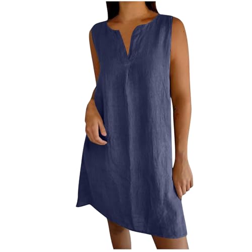 Leinenkleid Damen Leinen Baumwolle Sommerkleid V Ausschnitt A Linie Strandkleid Ärmellose Kleid Locker Trägerkleid Knielang Freizeitkleid Strand...