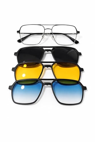 Image of Premium Tinted Eyeglasses with Magnetic Clip-On Sunglasses, 4-in-1, Matte Black Frame, Black Yellow Blue Lenses