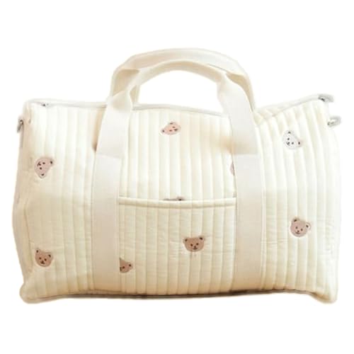 Quilted Duffle Bag, 18.9x9.5x11 Inch Quilted Weekender Bag with Handle and Strap, Bear Pattern Cute Duffle Tote with Pocket and Zipper for Women Travel Hospital, Diaper, Gym3