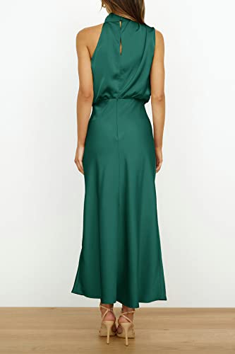 Ferlema Womens Mock Neck Sleeveless Cocktail Dress Keyhole High Elastic Waist Flowy Silk Party Wedding Guest Maxi Dress Dark Green X-Large #TOP3