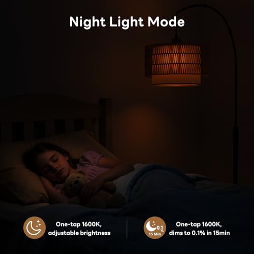 VARICART Boho Rattan Arc Floor Lamp, 71" RGB Color Changing LED Standing Lamp with Magnetic Remote, 3-in-1 Double Layer Shade, 1600K Amber Light & 4000K Daylight, 10W 1200lm 0.1%-100% Dimmable — view 6