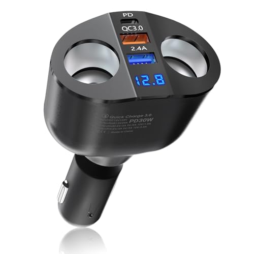 PD USB C Auto Ladegerät 120W: Zigarettenanzünder Verteiler Adapter 12V USB KFZ Stecker Splitter 2 Fach Steckdose 12 Volt DC Schnellladung mit LED Voltmeter für Samsung Handy GPS Kamera Sitzheizung