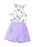 FJLSJSW Girls Clothes Summer Halter Neck Sleeveless Floral Top & Double-Breasted Shorts Fashion Cute Kids 2-Piece Outfits Teen Girls' Clothing Sets Size 11-12 Years Purple