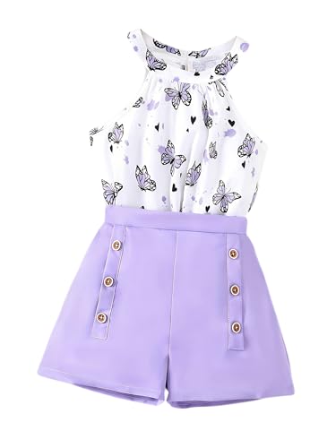 FJLSJSW Girls Clothes Summer Halter Neck Sleeveless Floral Top & Double-Breasted Shorts Fashion Cute Kids 2-Piece Outfits Teen Girls' Clothing Sets Size 9-10 Years Purple