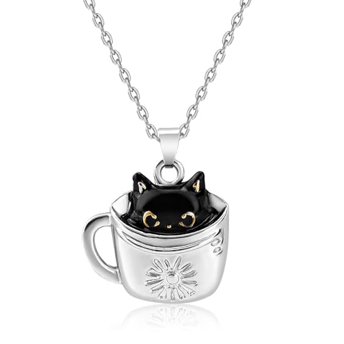 Black Cat Necklace, Cat Pendant Necklaces Black Cat in Cup Necklace Girl Jewelry Gift for Girls Daughter Granddaughter Niece Christmas Birthday Gift