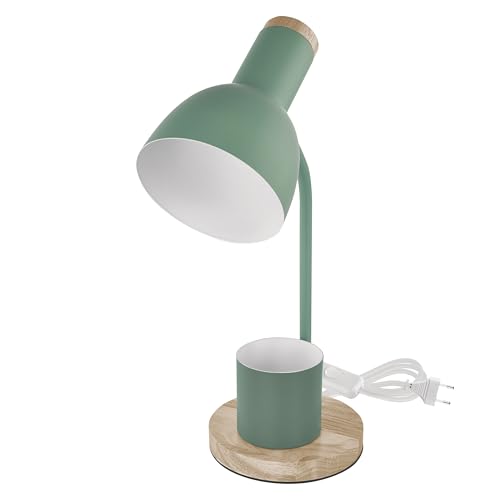 EMOS - LED Tischlampe POPPY mit Stift-Halter, E27 Gewinde - elegante Leseleuchte aus Metall mit Fuß aus Holz - Netzkabel 1,5m mit Schalter und Eurostecker - ohne Lichtquelle, E27 max. 25W - Grün