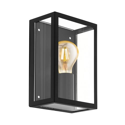 EGLO Außen-Wandlampe Alamonte 1, Außenleuchte Vintage, Wandleuchte aus Stahl verzinkt in Schwarz und klarem Glas, E27 Fassung, IP44
