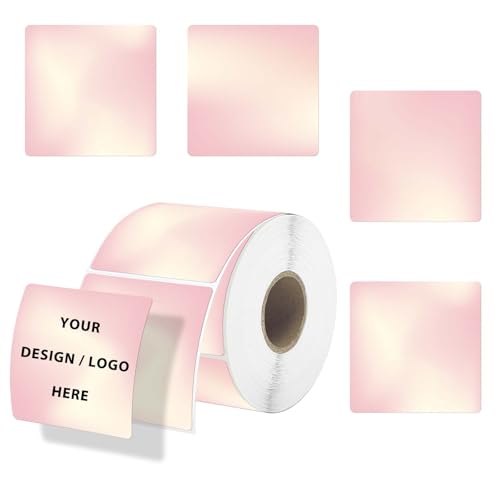 DNYMJBO 2 × 2 Inch Square Thermal Labels, Thermal Stickers with Perforation Line, Self-Adhesive Waterproof Personalized Thermal Stickers for Small Business, Logo Design, 500 Labels/1 Roll, Light Pink