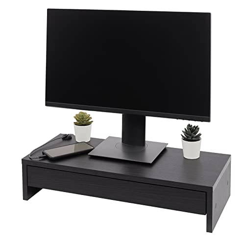 Iris Ohyama, Soporte de Monitor Elevador de Pantalla Soporte de Pantalla d ordenador con cajón, Moderno,Pantalla 27 cm, Oficina, Casa - Monitor Stand Drawer - MS-590D - Roble Negro