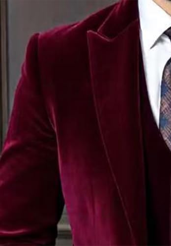 Mens Velvet 3 Piece Suits Slim Fit One Button Blazer Vest Pants Tuxedo Formal Wedding Groomsmen Set4