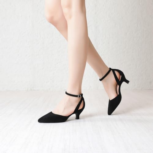 Image of RIBONGZ Comfortable Kitten Heels for Women Pointed Closed Toe Ankle Strap Buckle Heels Slip on Low Heel Church Pumps Wedding Bridal Party Dressy Shoes
