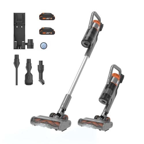 WORX 20V Cordless Stick Vacuum, Powerful Cordless Vacuum Cleaner 25Kpa High Suction for Pet Hair, Lightweight Handheld Vacuum Cleans Floors Carpet Car – 2 Batteries & Wall-Mount Charger Incl