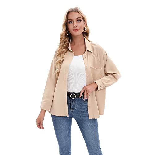SUNNOW Women's Buttonup Shirt Blouse Raglan Long Sleeves Lapel Shirts Soft Loose Fit Top for Work Casual-M Khaki