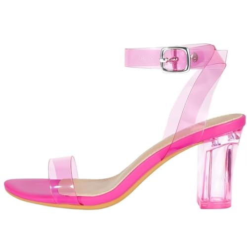 Image of ZriEy Women's Clear Heels Chunky Block Mid High Heeled Sandals | 2.75 Inch Chunky Heel, Transparent Open Toe Ankle Strap Dress Pump Shoes for Women in Daily Wear Party Wedding