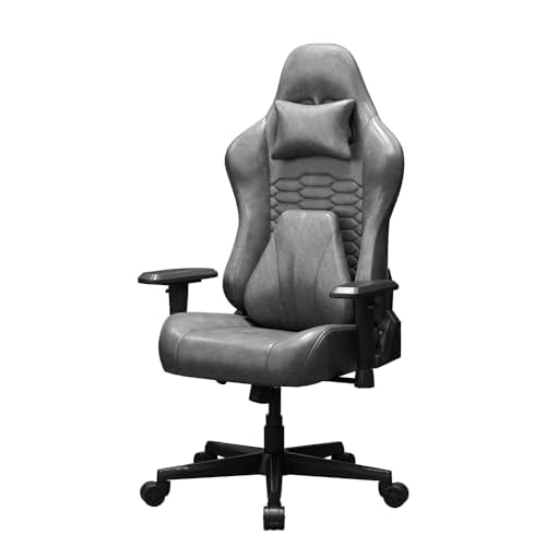 lbvuer Gaming Chair Ergonomic Vintage Leather Office Chair Adjustable Armrest Back Gaming Chair with Headrest and Lumbar Support (Gray)