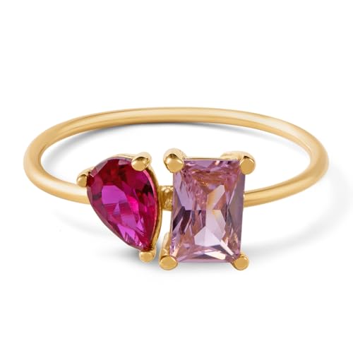 CAITLYNMINIMALIST 18K Gold Plated Sterling Silver Rose Gold Custom Toi et Moi Duo Birthstone CZ Gemstone Dainty Engagement Ring Gift for Mom