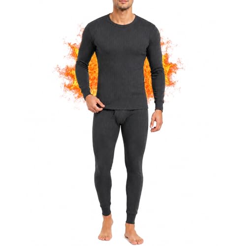 Overs Men Thermal Underwear Winter Warm Round Neck Fleece Lined Base Layer Set Thermal Set for Cold Weather 4 Way Strechable Thermel Set For Men Women (Black L)
