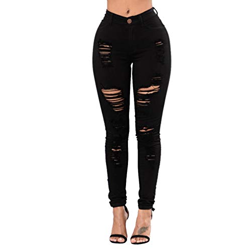 Mengmiao Elasticos Pitillos Vaqueros Mid Waist Rasgados Mezclilla Pantalones Rotos Agujero Jeans de Mujer (Negro, Asia L) Cover