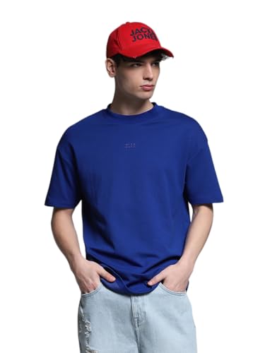 Image of Jack & Jones Men's Solid Round Neck Cotton Relaxed Fit T-Shirt | Boxy Fit | Drop Shoulders