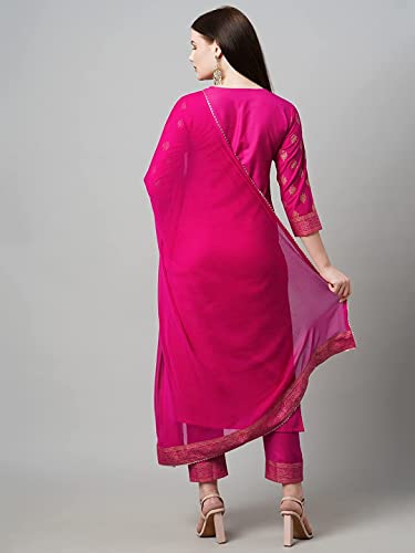 Image of GoSriKi Women's Cotton Blend Printed Straight Kurta with Pant & Dupatta
