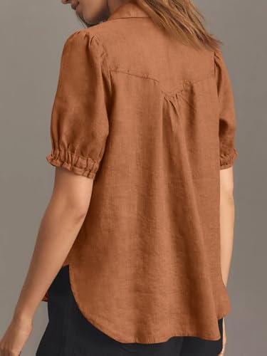 Cicy Bell Womens Puff Short Sleeve Button Down Shirts Summer Casual Collared V Neck Blouse Linen Loose Fit Work Tops4