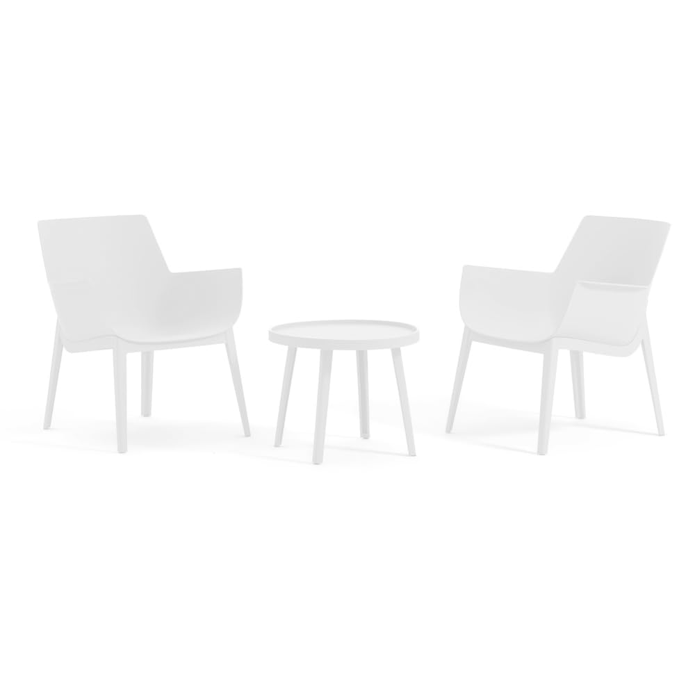 Lot de 2 fauteuils avec table basse d'extérieur en polypropylène renforcé de fibre de verre, fauteuils de piscine, fauteuils de balcon ergonomiques - Betty (ensemble avec table blanche)