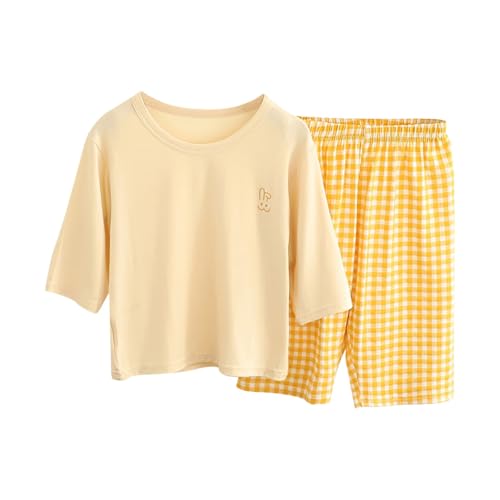 Girls Summer 2 Piece Outfit Casual Loun𝐠e Set Short Sleeve T Shirt Top & Elastic Waist Plaid Midi Pants Tracksuit