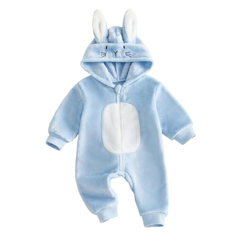 Bagilaanoe Infant Baby Boy Girl Easter Outfit Clothes Bunny Ear Hooded Long Sleeve Romper Jumpsuit Fall Winter Clothes (Blue 3-6 Months)