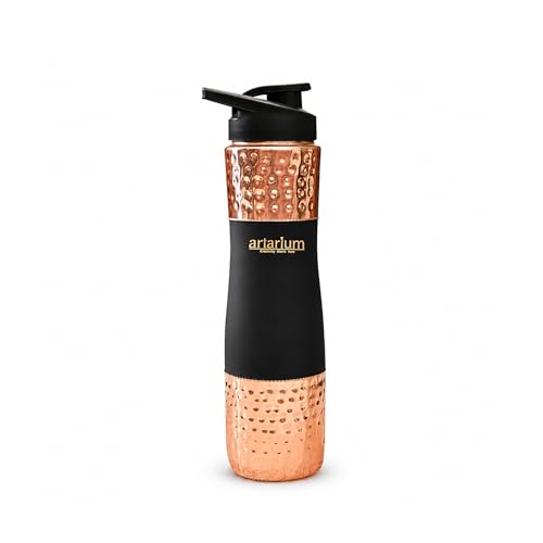 Image of Artarium Sipper Bottle 100% Pure Lightweight Copper Water Bottle Leak Proof Protection Durable & Rust Proof Hammered Copper Bottle With Added Health Benefits (Sipper Water Bottle Black 1 Litre)