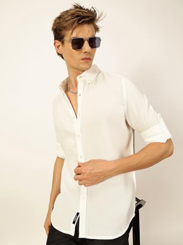 Image of Thomas Scott Men's | Solid | Textured Fabric | Full Sleeve | Slim Fit | Polyester-Blend | Spread Collar | Casual Shirt