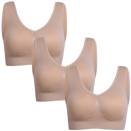 Image of PRETTYWELL Sleep Bras for Women, Comfort Seamless Wireless Stretchy Sports Bra,3 Pack Yoga Bras, with Removable Pads