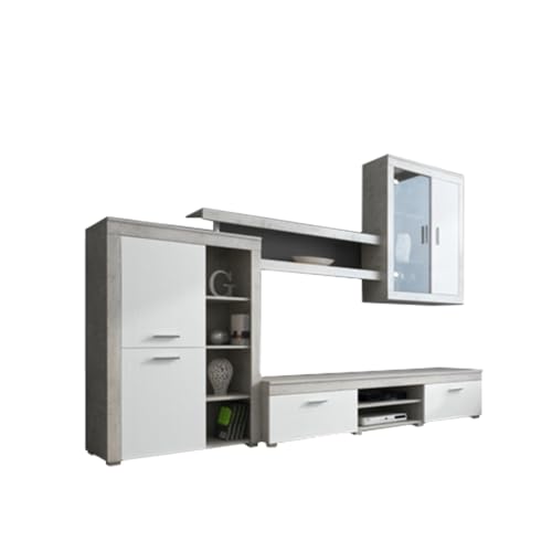 Arreditaly Parete Attrezzata Da Soggiorno Salotto Moderna Con Ante Mensole Vani A Giorno Vetrinetta Mobile TV Design Moderno Moduli Sospesi 293 x 193 x 50 Cm Bianco E Grigio Cemento
