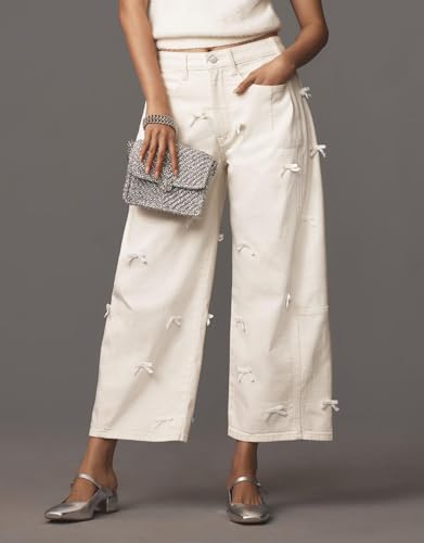 Kedera Mid Rise Barrel Jeans for Women Y2K Wide Leg Denim Pants Baggy Boyfriend Jeans with Bows3