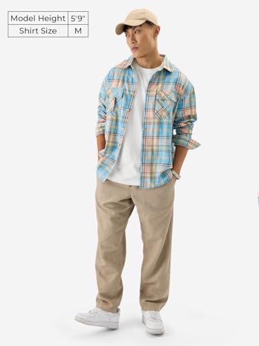 Image of The Souled Store Plaid: Blue, Yellow Men and Boys Long Sleeve Collared Neck Button Front Regular Fit Cotton Utility Shirts
