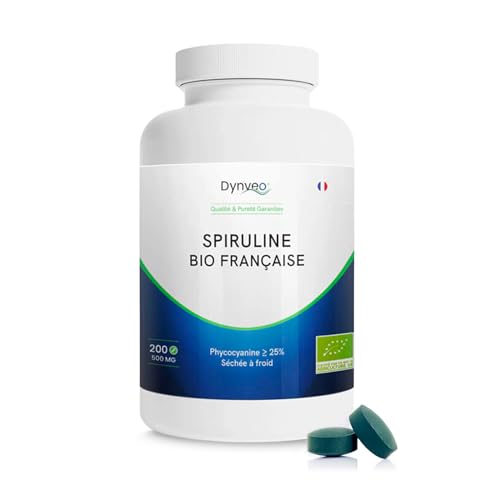 Spiruline Bio Française - 25% Phycocyanine - 500 mg / 200 comprimés - Superaliment riche en protéines végétales - Séchage à froid - Sport, Tonus, Immunité, Vitalité - Dynveo