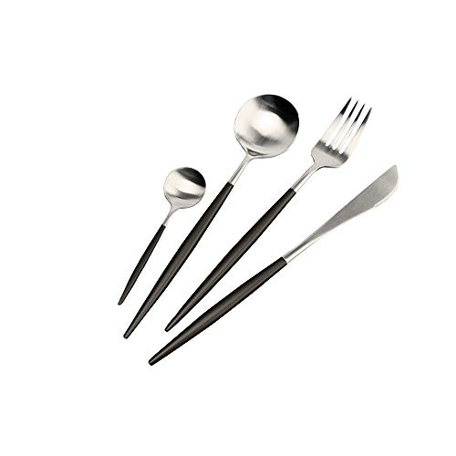 HENGRUI Flatware Set High-Grade Dinnerware Set, 18/10 Stainless Steel Two-Color Cutlery Set, Matte Dinner Set, 4 Pcs Handle Tableware Set for Steak Knives, Forks, Spoons, Coffee Spoon, Black & Silver