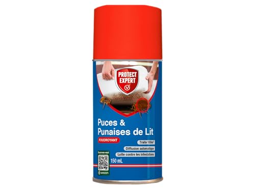 PROTECT EXPERT Aérosol Anti Punaises De Lit & Anti Puces - Foudroyant - 150ml - Diffusion Automatique - Traite 100m3 - Efficace Contre Les Infestations...