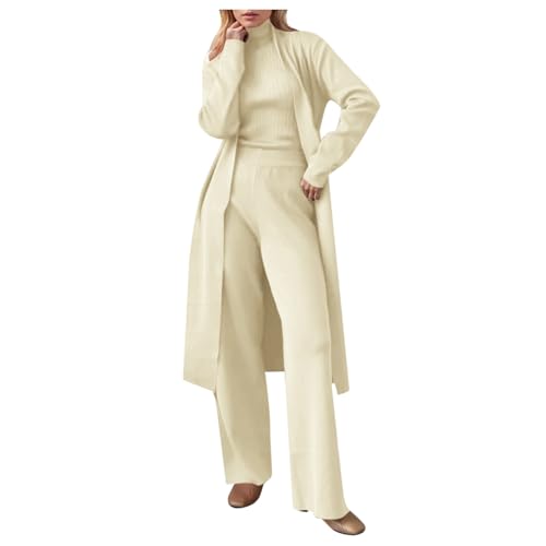 Women's 3 Piece Knit Set, Long Sleeve Cardigan Sleeveless Turtleneck