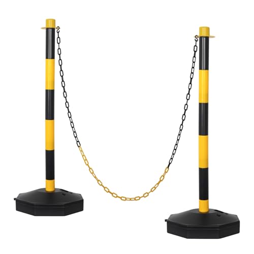 SHAREWIN 2 Sets Parking Delineator Stanchion with Base - 35'' Post Traffic Cone, Reflective Collar Black, Yellow - Chain Barriers for Construction, Crowd Control, Events, Road Warning