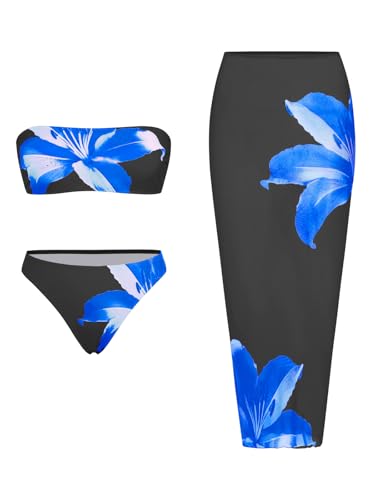 Image of ZAFUL Womens 3pcs Bikini Swimsuits Bandeau 3 Piece Swimwear High Cut Bikini Sets with Long Sheer Coverup Dress