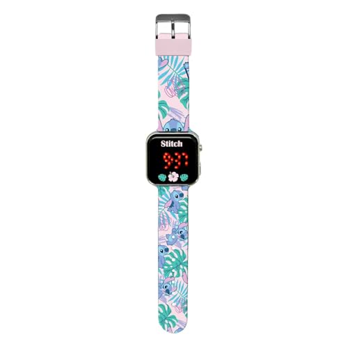 Kids Licensing - Relógio digital LED para meninas com personagens tem funções de hora, data e correia ajustável, Led Stitch, Stitch