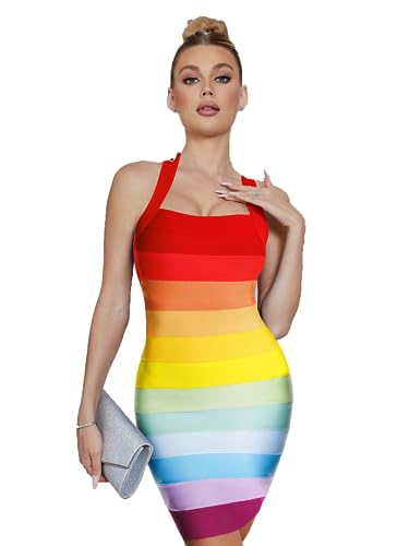 Image of Rainbow Bodycon Bandage Dress Halter Cocktail Party Dresses for Women Wedding Guest Dress