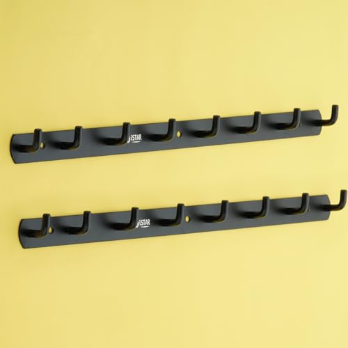 Image of iSTAR Stainless Steel 8 Pin Bathroom Cloth Hooks Hanger Door Bathroom Robe Hooks Rail for Hanging Keys,Clothes,Towel Steel Hook (Black) (Pack of 2)