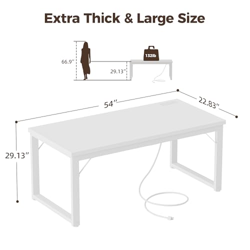 Image of Mericonia 54 Inch Computer Desk with Power Outlets, 1.2 inch Thick Office Table | Modern Simple Style, Heavy Duty Industrial Frame, Study & Writing Table for Home Bedroom Work, White